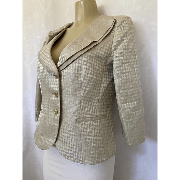 Armani Collezioni Blazer Jacket Ruffle Neck Metallic Beige 3 Button 3/4S… - Picture 2 of 9